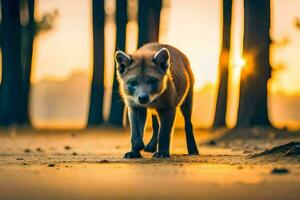 un' Volpe a piedi attraverso il foresta a tramonto. ai-generato foto