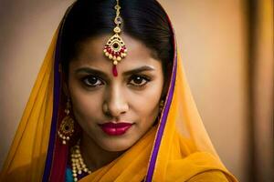 un' bellissimo indiano donna indossare un' sari. ai-generato foto