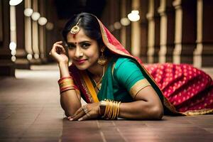 un' donna nel tradizionale indiano abbigliamento posa su il pavimento. ai-generato foto