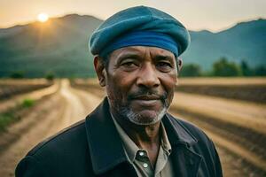 un africano uomo nel un' blu turbante sta nel un' campo. ai-generato foto