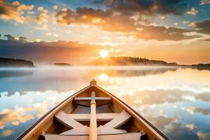 un' barca su il lago a tramonto. ai-generato foto