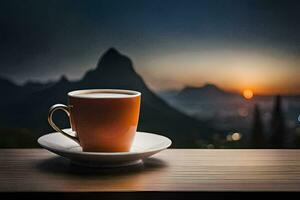 caffè tazza su il tavolo, montagna, Alba, Alba, il cielo, HD sfondo. ai-generato foto