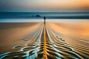 un' uomo in piedi su il spiaggia a tramonto. ai-generato foto