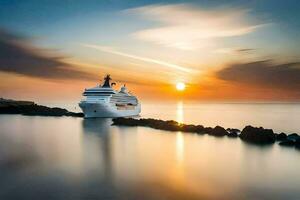 un' crociera nave nel il oceano a tramonto. ai-generato foto