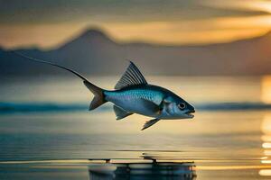 un' pesce è volante al di sopra di il acqua a tramonto. ai-generato foto