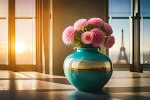 un' vaso con rosa fiori seduta nel davanti di un' finestra. ai-generato foto