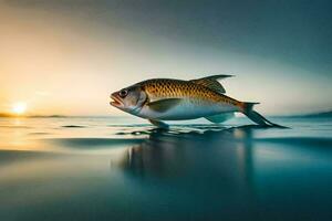 un' pesce è nuoto nel il oceano a tramonto. ai-generato foto