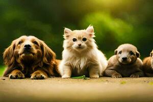 un' gruppo di cani e cuccioli seduta su il terra. ai-generato foto