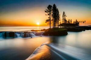 un' bellissimo tramonto al di sopra di il oceano con alberi e cascate. ai-generato foto