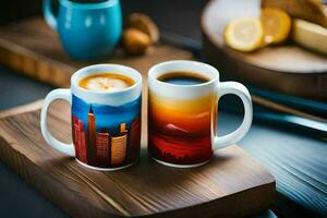 Due caffè tazze con città orizzonte su loro. ai-generato foto