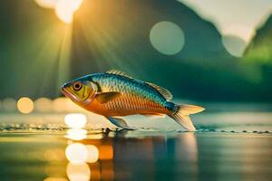 un' pesce è in piedi su il acqua con il sole splendente. ai-generato foto