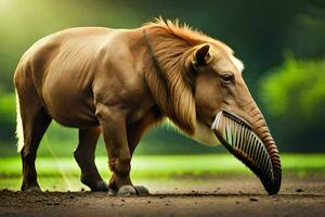 un' grande animale con lungo corna a piedi su il terra. ai-generato foto