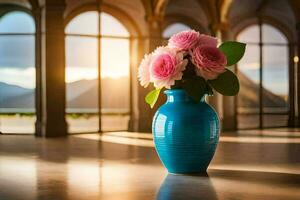 un' blu vaso con rosa fiori seduta nel davanti di un' grande finestra. ai-generato foto
