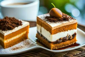 Due pezzi di torta su un' piatto con un' tazza di caffè. ai-generato foto