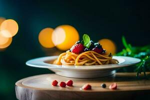 spaghetti con frutti di bosco e frutti di bosco su un' piatto. ai-generato foto