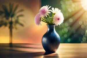 un' vaso con fiori su un' tavolo nel davanti di un' finestra. ai-generato foto