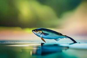 un' pesce è in piedi su il acqua con un' verde sfondo. ai-generato foto