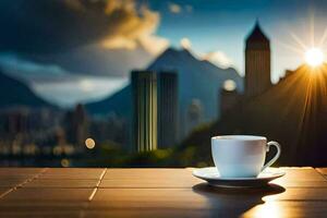 un' tazza di caffè su un' terrazza prospiciente il città. ai-generato foto