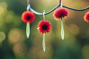 rosso fiori sospeso a partire dal un' corda. ai-generato foto