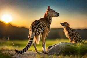 Due ghepardi in piedi su il erba a tramonto. ai-generato foto