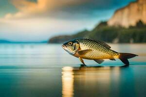 un' pesce è in piedi su il acqua nel davanti di un' montagna. ai-generato foto