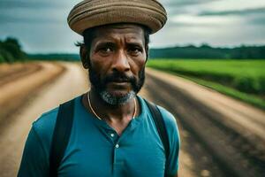 un' uomo indossare un' cappello sta su un' sporco strada. ai-generato foto