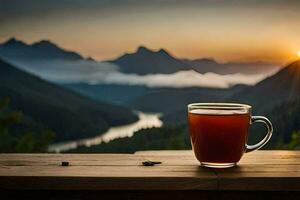 un' tazza di tè su un' montagna superiore. ai-generato foto