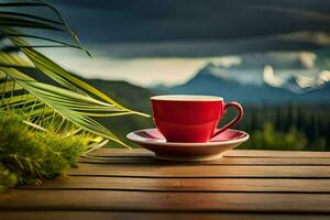 un' tazza di caffè su un' di legno tavolo nel davanti di un' montagna. ai-generato foto