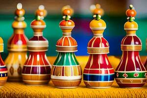 colorato di legno scacchi pezzi su un' tavolo. ai-generato foto
