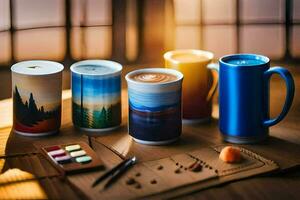 un' gruppo di caffè tazze con diverso disegni. ai-generato foto