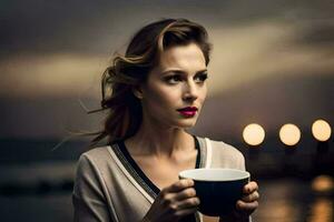 un' donna Tenere un' tazza di caffè. ai-generato foto