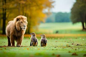 Leone e Due pinguini nel il campo. ai-generato foto