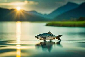 un' pesce è in piedi su il acqua nel davanti di un' montagna. ai-generato foto