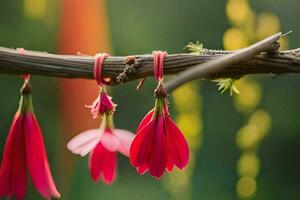 rosso fiori sospeso a partire dal un' ramo con verde le foglie. ai-generato foto