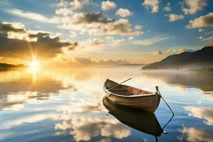 un' barca su il lago a tramonto. ai-generato foto