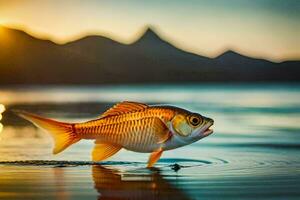 un' pesce è in piedi nel il acqua a tramonto. ai-generato foto