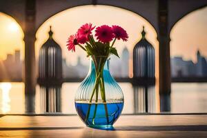 un' vaso con rosa fiori seduta su un' tavolo nel davanti di un' città orizzonte. ai-generato foto