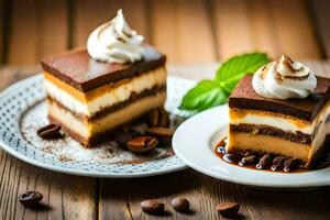 Due fette di torta con frustato crema e caffè fagioli. ai-generato foto