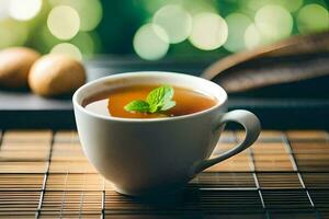 un' tazza di tè con menta le foglie su un' di legno tavolo. ai-generato foto