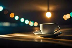 un' tazza di caffè su un' tavolo nel davanti di un' leggero lampadina. ai-generato foto