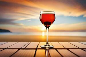 bicchiere di vino su il spiaggia. ai-generato foto