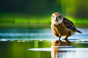 un' uccello in piedi su il bordo di un' lago. ai-generato foto