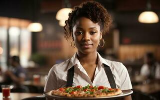 africano americano sorridente cameriera hold nel mani piatto con appetitoso Pizza nel bar o ristorante. ai generativo foto