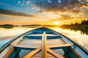 un' barca su il acqua a tramonto. ai-generato foto