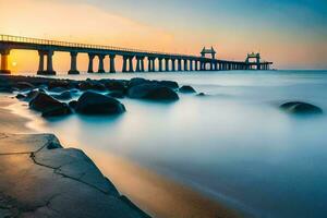 un' lungo esposizione fotografia di un' ponte al di sopra di il oceano. ai-generato foto