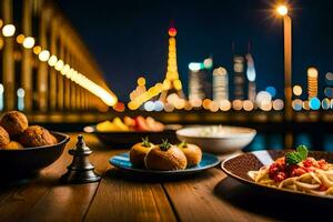 il cibo è servito su un' di legno tavolo nel davanti di il eiffel Torre. ai-generato foto