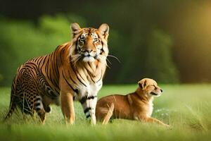 un' tigre e un' cane a piedi nel il erba. ai-generato foto