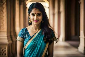 un' bellissimo indiano donna nel un' blu sari. ai-generato foto