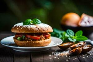 un' Hamburger con pomodori e basilico su un' piatto. ai-generato foto