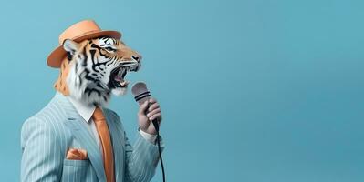 elegante tigre cantando con microfono isolato su verde sfondo foto